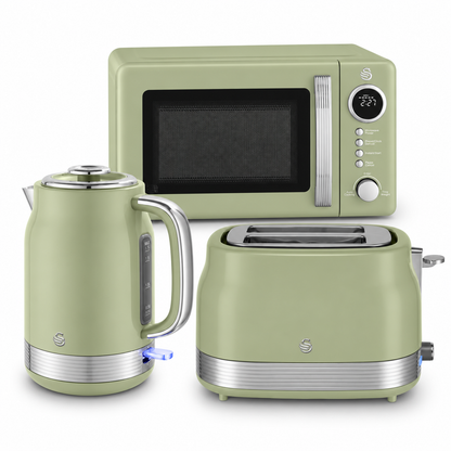 Swan Retro Jug Kettle, 4 Slice Toaster & Microwave Kitchen Set (Green)