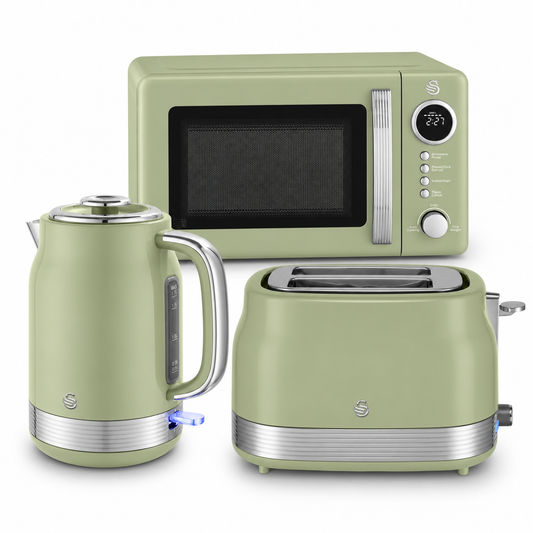 Swan Retro Jug Kettle, 4 Slice Toaster & Microwave Kitchen Set (Green)
