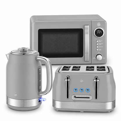Swan Retro Jug Kettle, 4 Slice Toaster & Microwave Kitchen Set (Grey)