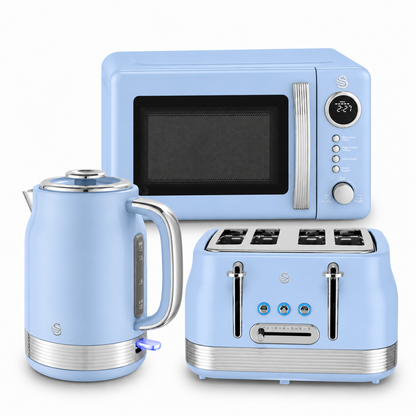 Swan Retro Jug Kettle, 4 Slice Toaster & Microwave Kitchen Set (Blue)