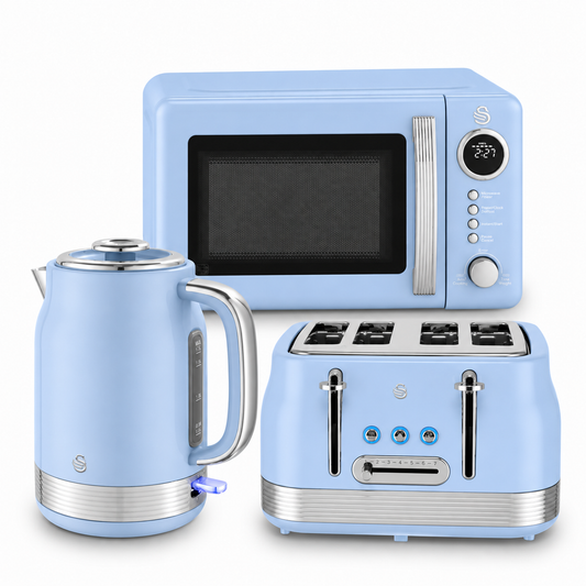 Swan Retro Jug Kettle, 4 Slice Toaster & Microwave Kitchen Set (Blue)