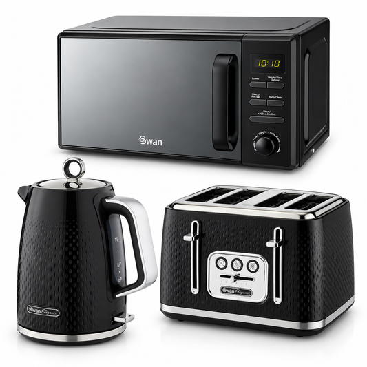 Swan Elegance Jug Kettle, 4 Slice Toaster & Microwave Kitchen Set (Black)