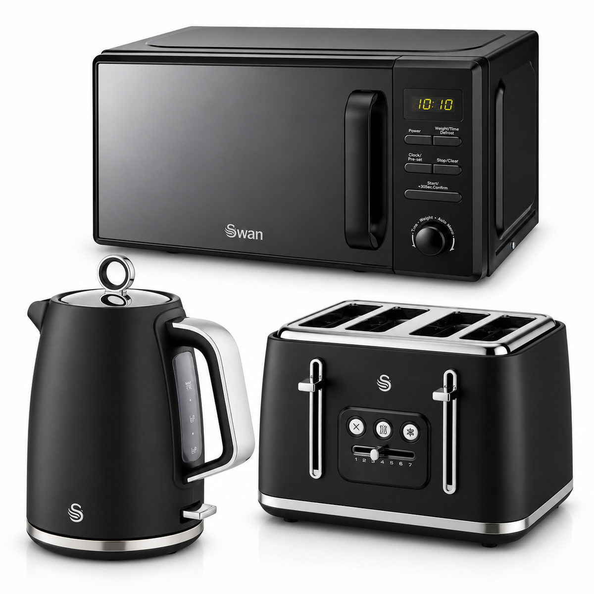 Swan Serenity Jug Kettle, 4 Slice Toaster & Microwave Kitchen Set (Black)