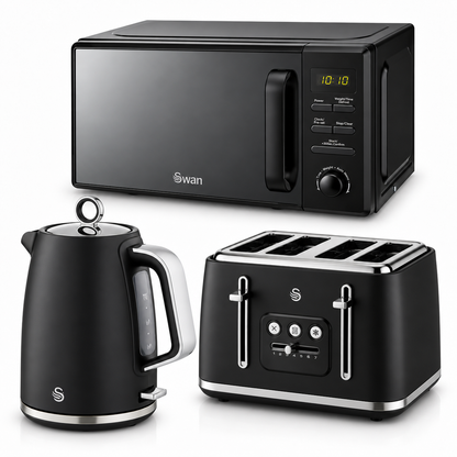 Swan Serenity Jug Kettle, 4 Slice Toaster & Microwave Kitchen Set (Black)
