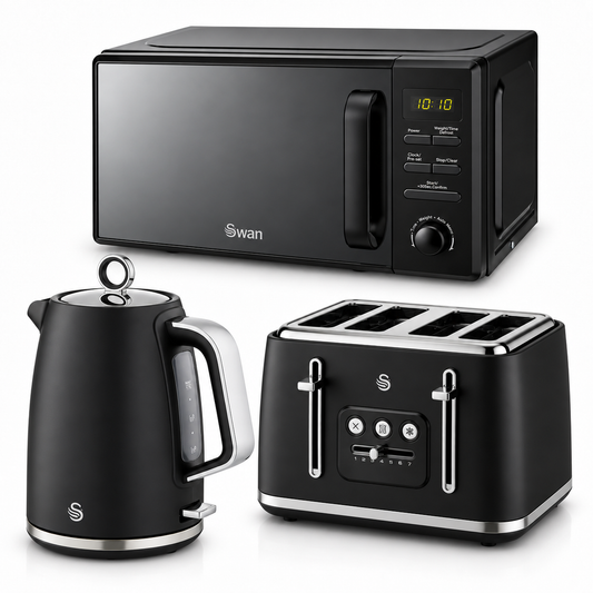 Swan Serenity Jug Kettle, 4 Slice Toaster & Microwave Kitchen Set (Black)