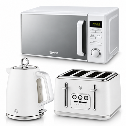 Swan Serenity Jug Kettle, 4 Slice Toaster & Microwave Kitchen Set (White)