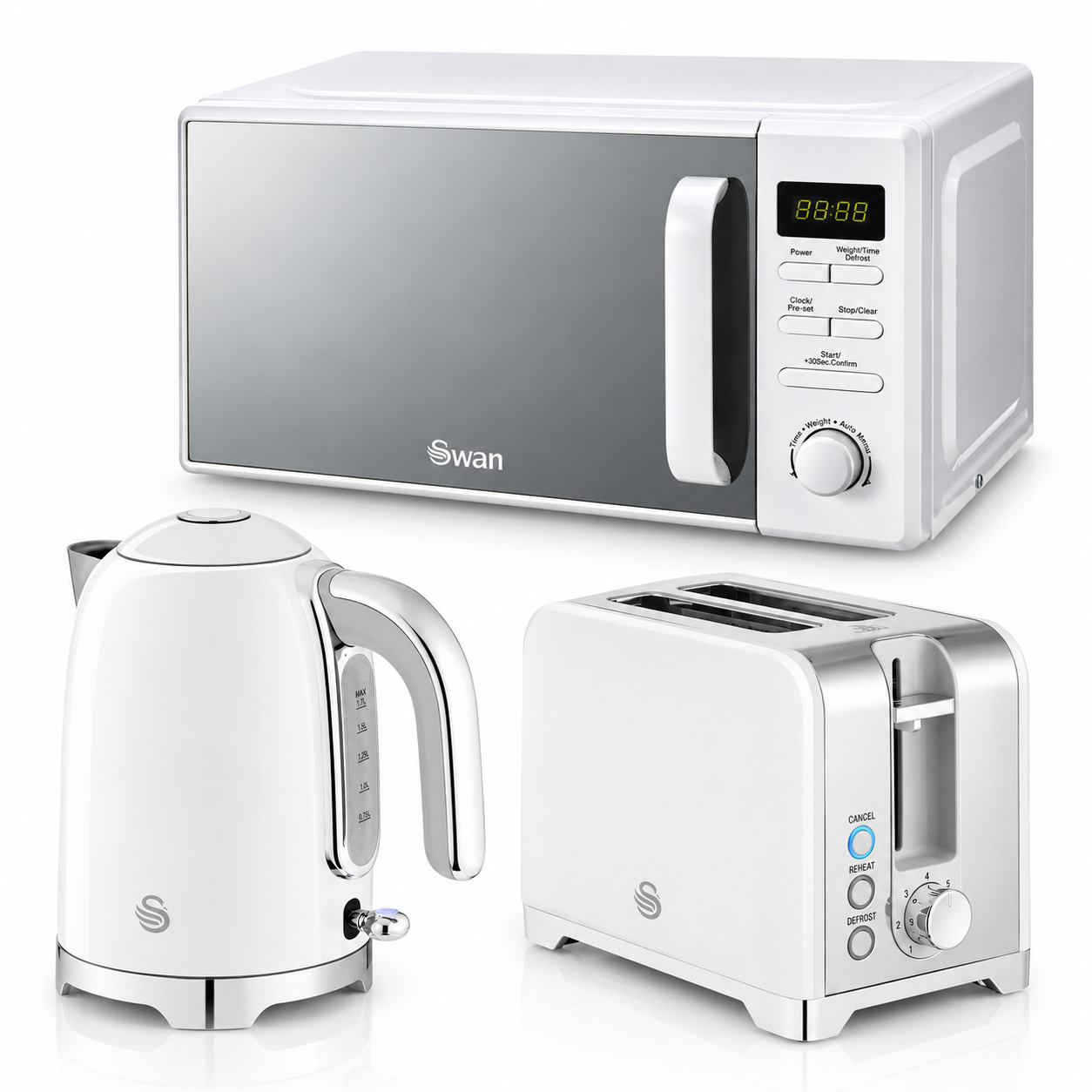 Swan Solace Jug Kettle, 2 Slice Toaster & Microwave Kitchen Set (White)