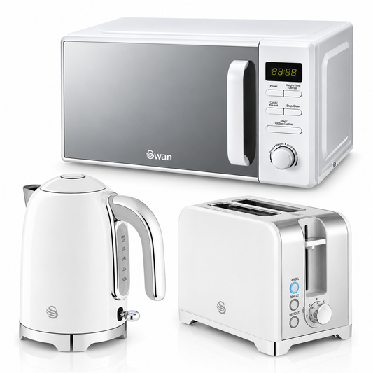 Swan Solace Jug Kettle, 2 Slice Toaster & Microwave Kitchen Set (White)