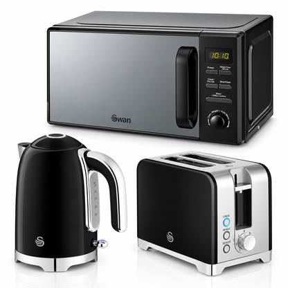 Swan Solace Jug Kettle, 2 Slice Toaster & Microwave Kitchen Set (Black)