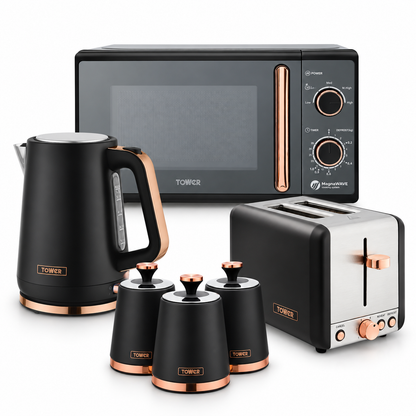 Tower Cavaletto Jug Kettle, 2 Slice Toaster, Canisters & Microwave Kitchen Set (Black)