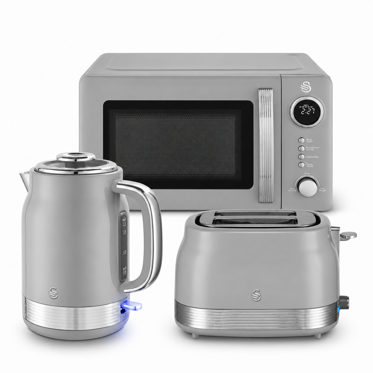Swan Retro Jug Kettle, 2 Slice Toaster & Microwave Kitchen Set (Grey)