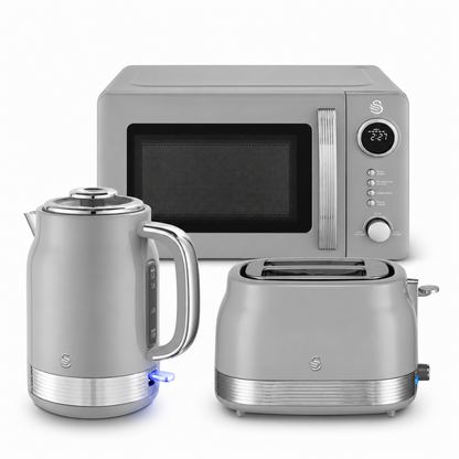 Swan Retro Jug Kettle, 2 Slice Toaster & Microwave Kitchen Set (Grey)