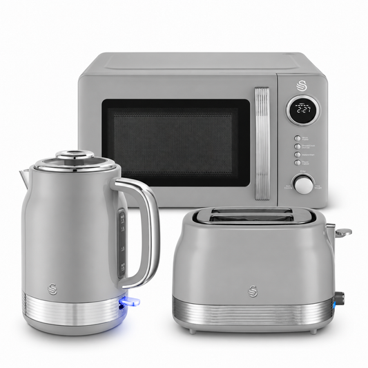 Swan Retro Jug Kettle, 2 Slice Toaster & Microwave Kitchen Set (Grey)