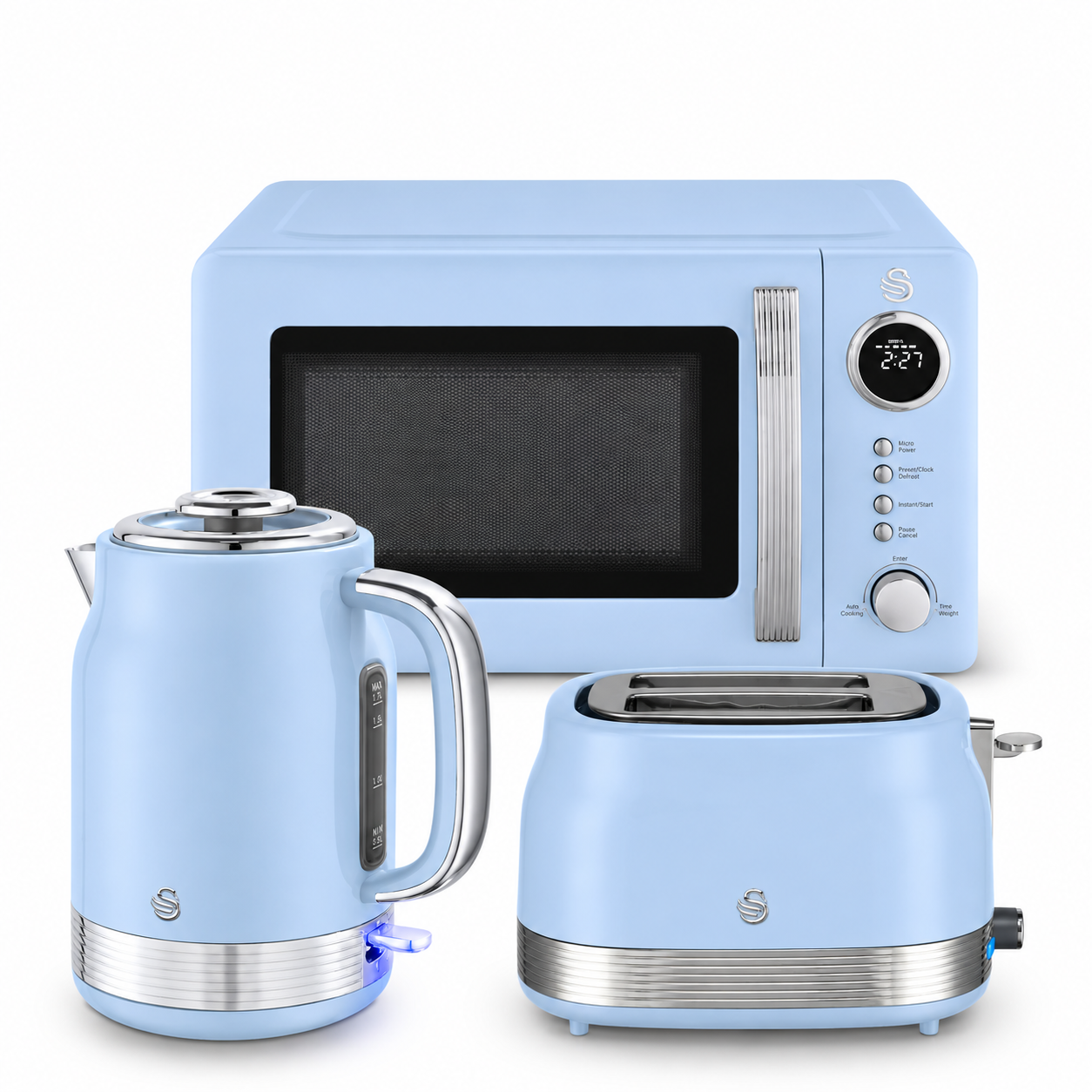 Swan Retro Jug Kettle, 2 Slice Toaster & Microwave Kitchen Set (Blue)