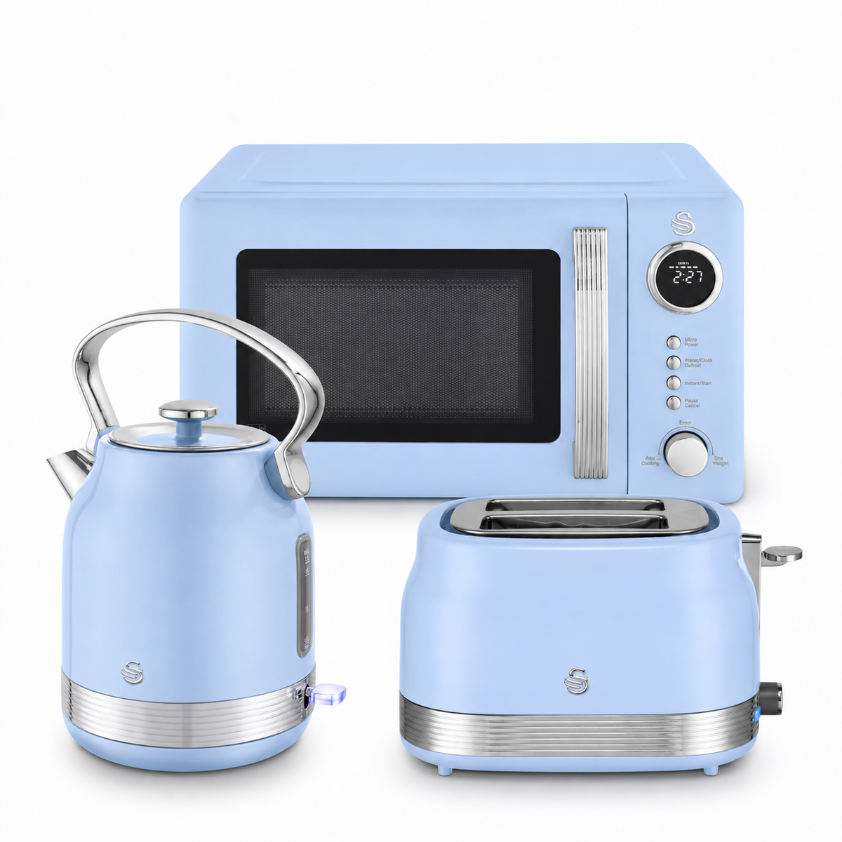 Swan Retro Pyramid Kettle, 2 Slice Toaster & Microwave Kitchen Set (Blue)