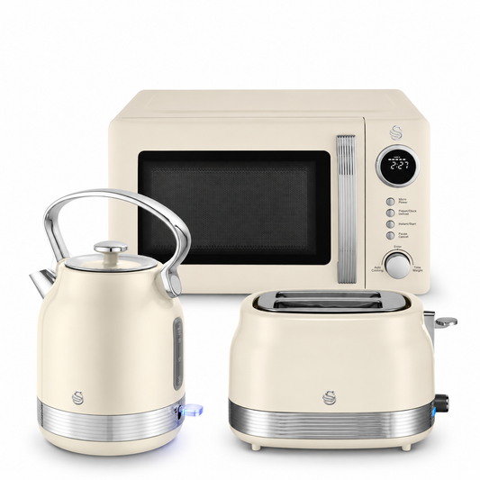 Swan Retro Pyramid Kettle, 2 Slice Toaster & Microwave Kitchen Set (Chantilly Cream)