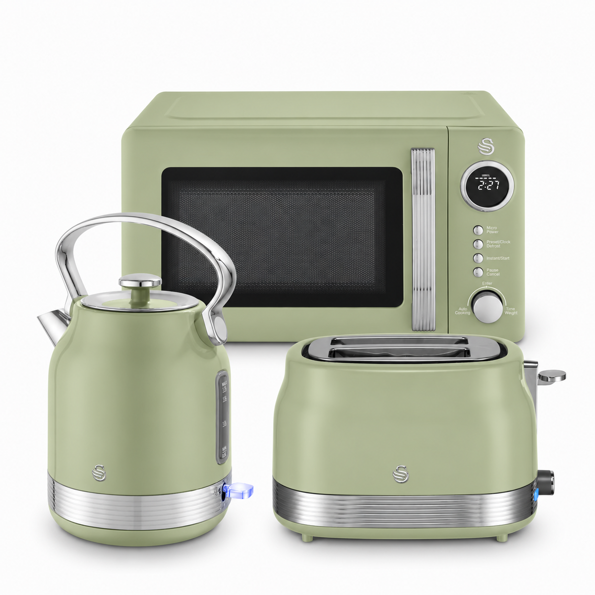 Swan Retro Pyramid Kettle, 2 Slice Toaster & Microwave Kitchen Set (Green)