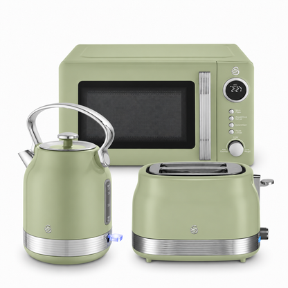 Swan Retro Pyramid Kettle, 2 Slice Toaster & Microwave Kitchen Set (Green)