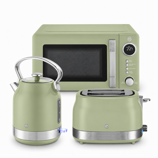 Swan Retro Pyramid Kettle, 2 Slice Toaster & Microwave Kitchen Set (Green)