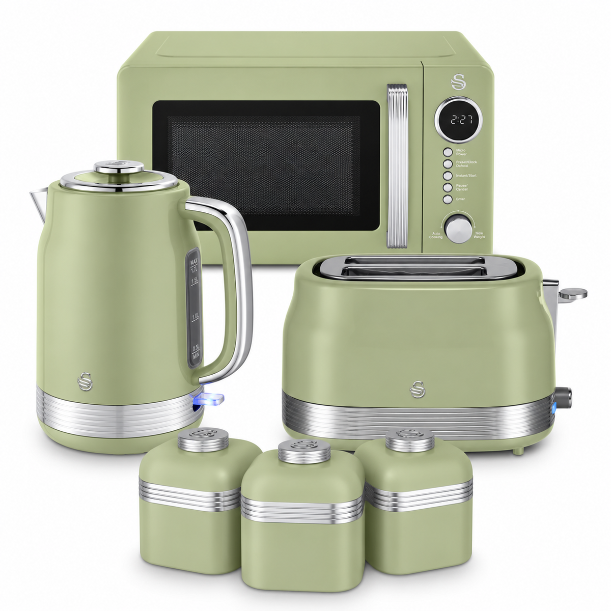 Swan Retro Jug Kettle, 2 Slice Toaster, Canisters & Microwave Kitchen Set (Green)