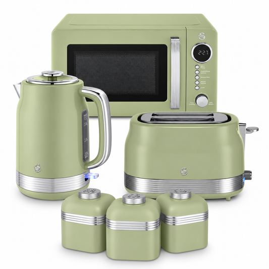 Swan Retro Jug Kettle, 2 Slice Toaster, Canisters & Microwave Kitchen Set (Green)
