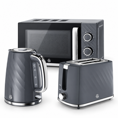 Swan Windsor Kettle, 2 Slice Toaster & Microwave Kitchen Set (Grey)