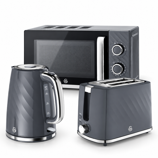 Swan Windsor Kettle, 2 Slice Toaster & Microwave Kitchen Set (Grey)