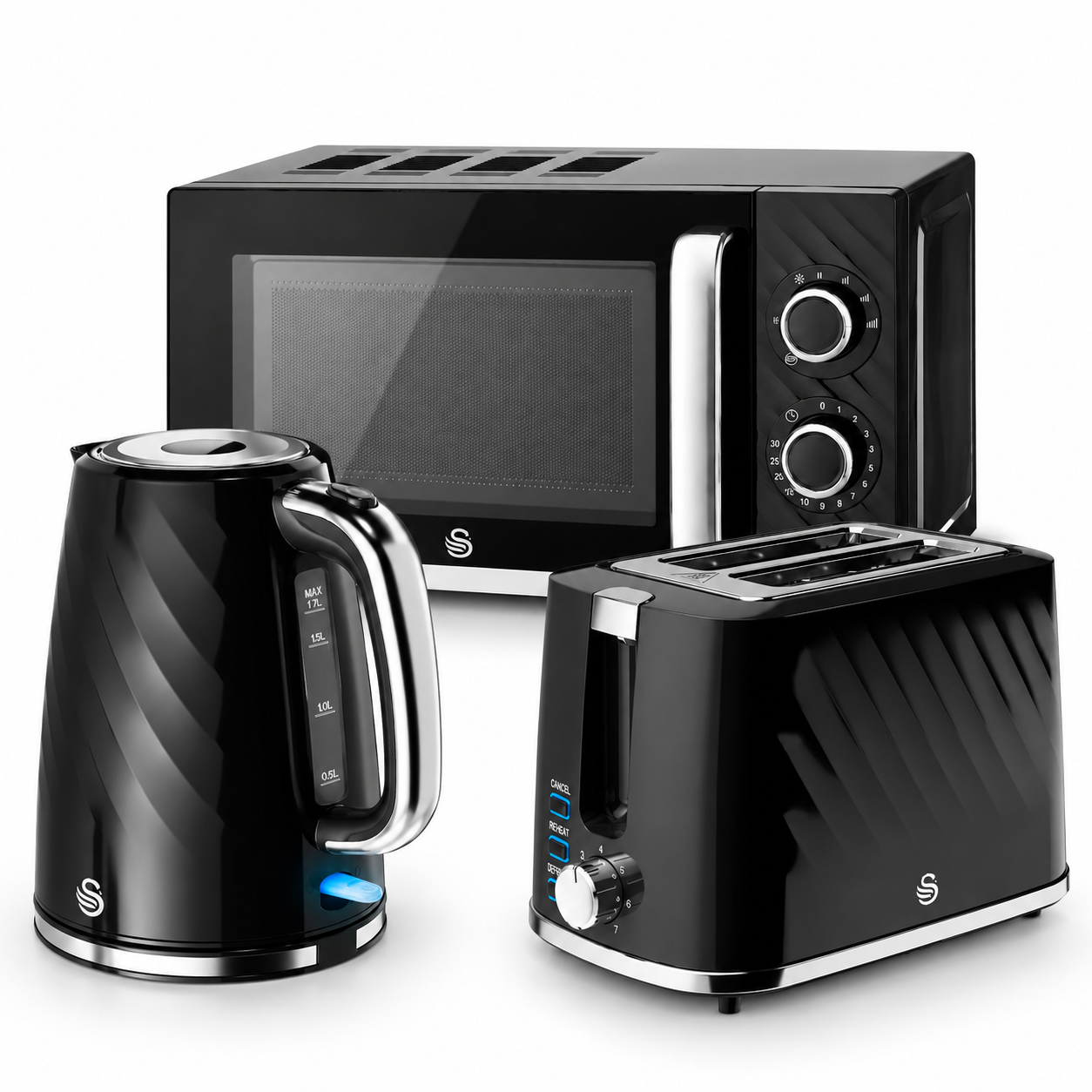 Swan Windsor Kettle, 2 Slice Toaster & Microwave Kitchen Set (Black)