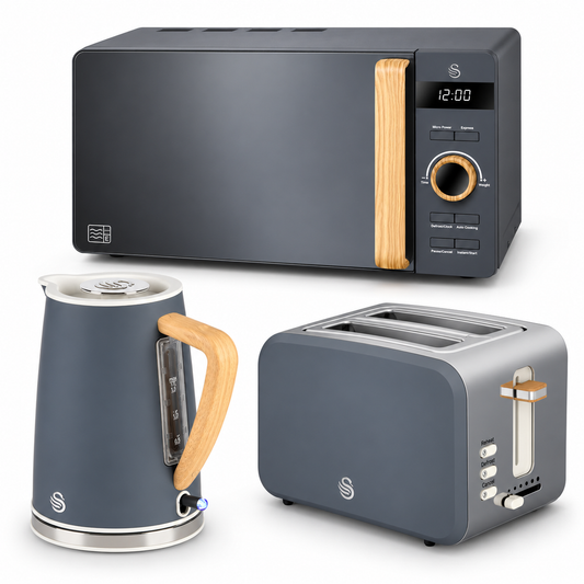 Swan Nordic Jug Kettle, 2 Slice Toaster & Microwave Kitchen Set (Grey)