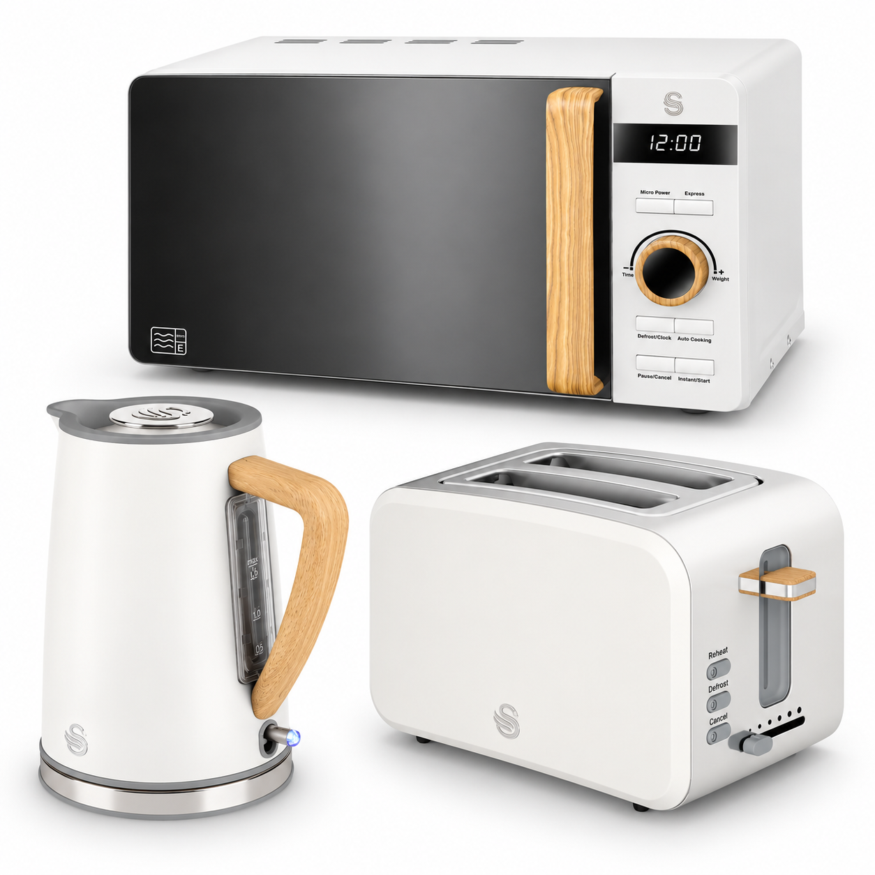 Swan Nordic Jug Kettle, 2 Slice Toaster & Microwave Kitchen Set (Cotton White)