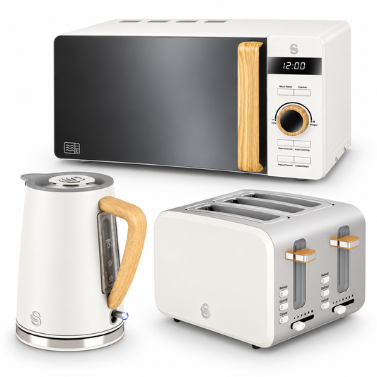 Swan Nordic Jug Kettle, 4 Slice Toaster & Microwave Kitchen Set (Cotton White)