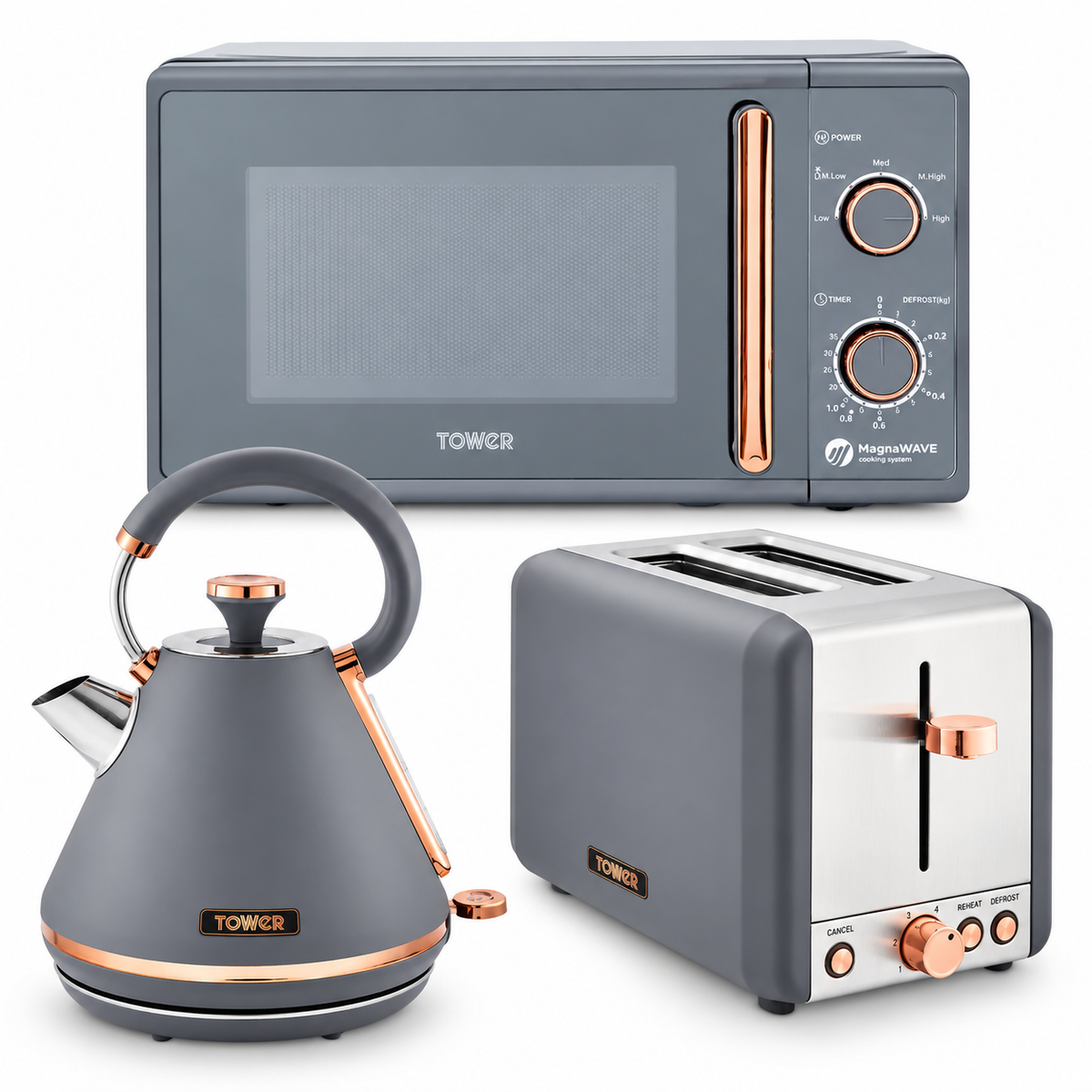 Tower Cavaletto Pyramid Kettle, 2 Slice Toaster & Microwave Kitchen Set (Grey)