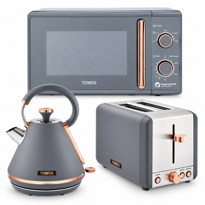Tower Cavaletto Pyramid Kettle, 2 Slice Toaster & Microwave Kitchen Set (Grey)