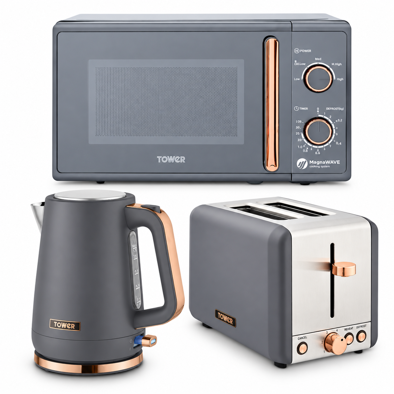 Tower Cavaletto Jug Kettle, 2 Slice Toaster & Microwave Kitchen Set (Grey)