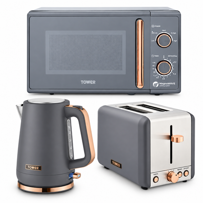Tower Cavaletto Jug Kettle, 2 Slice Toaster & Microwave Kitchen Set (Grey)