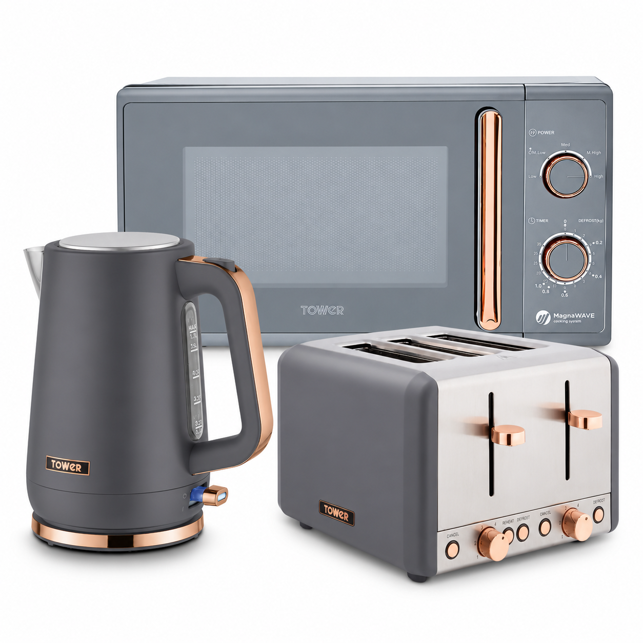 Tower Cavaletto Jug Kettle, 4 Slice Toaster & Microwave Kitchen Set (Grey)