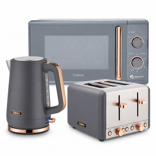 Tower Cavaletto Jug Kettle, 4 Slice Toaster & Microwave Kitchen Set (Grey)