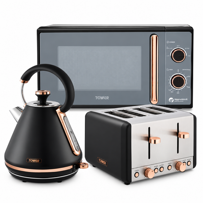 Tower Cavaletto Pyramid Kettle, 4 Slice Toaster & Microwave Kitchen Set (Black)
