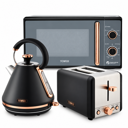 Tower Cavaletto Pyramid Kettle, 2 Slice Toaster & Microwave Kitchen Set (Black)
