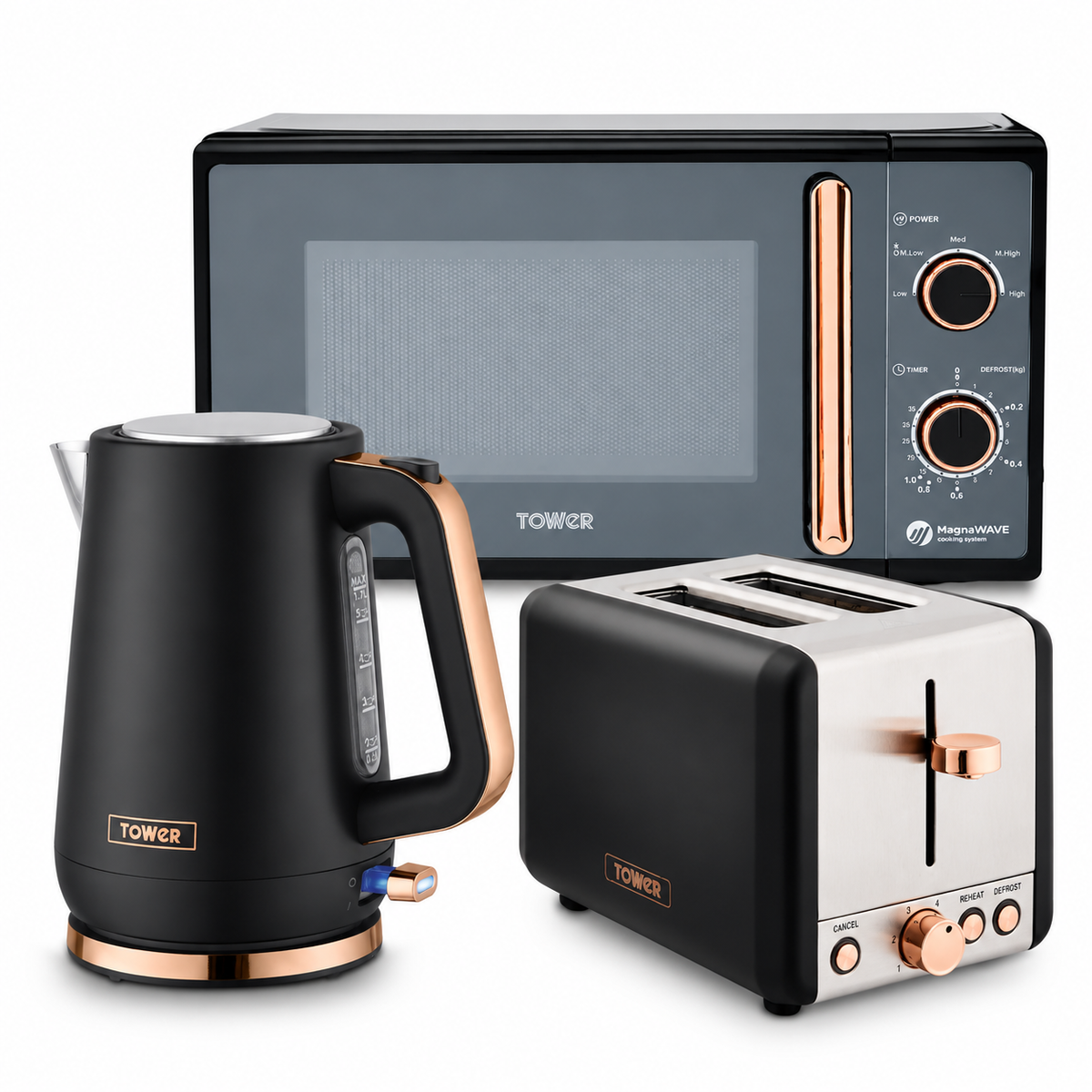 Tower Cavaletto Jug Kettle, 2 Slice Toaster & Microwave Kitchen Set (Black)