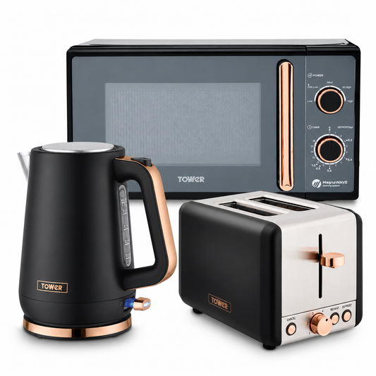 Tower Cavaletto Jug Kettle, 2 Slice Toaster & Microwave Kitchen Set (Black)