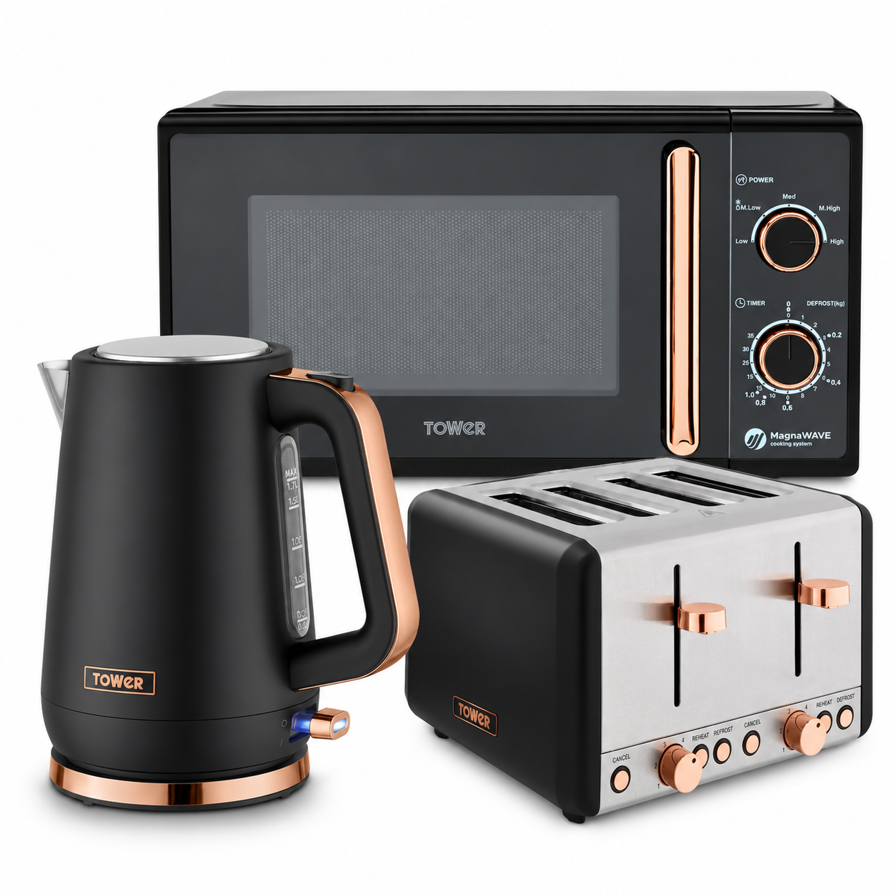 Tower Cavaletto Jug Kettle, 4 Slice Toaster & Microwave Kitchen Set (Black)