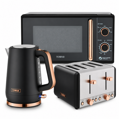 Tower Cavaletto Jug Kettle, 4 Slice Toaster & Microwave Kitchen Set (Black)