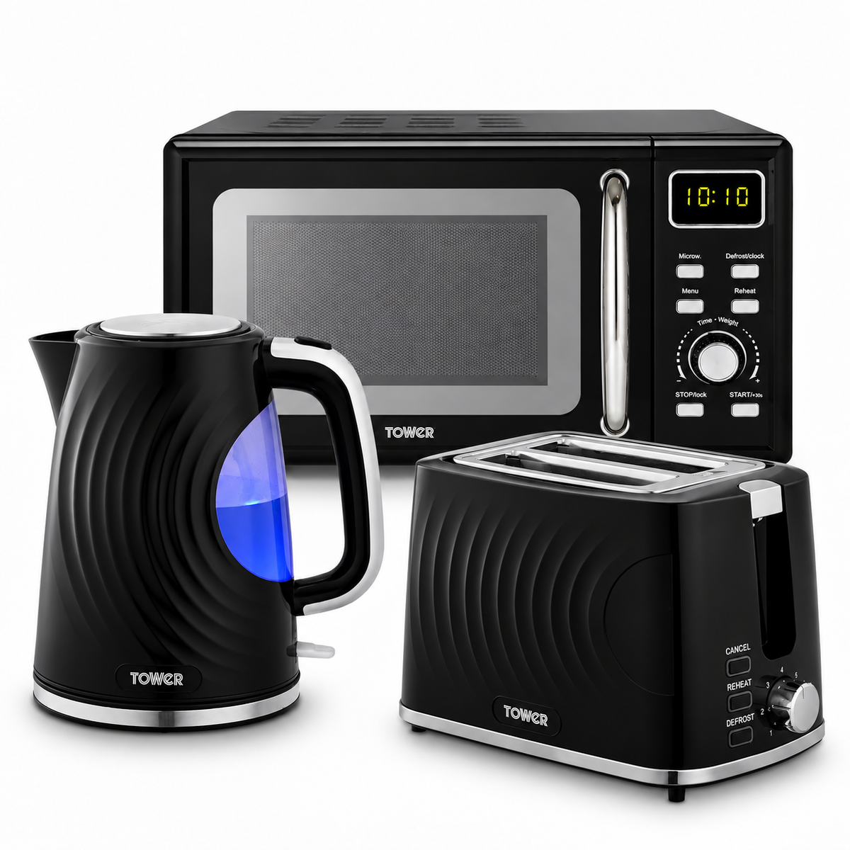 Tower Sonar Kettle, 2 Slice Toaster & Microwave Kitchen Set (Black)