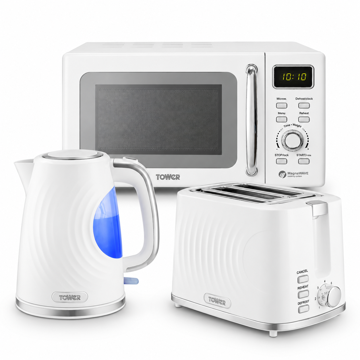 Tower Sonar Kettle, 2 Slice Toaster & Microwave Kitchen Set (White)