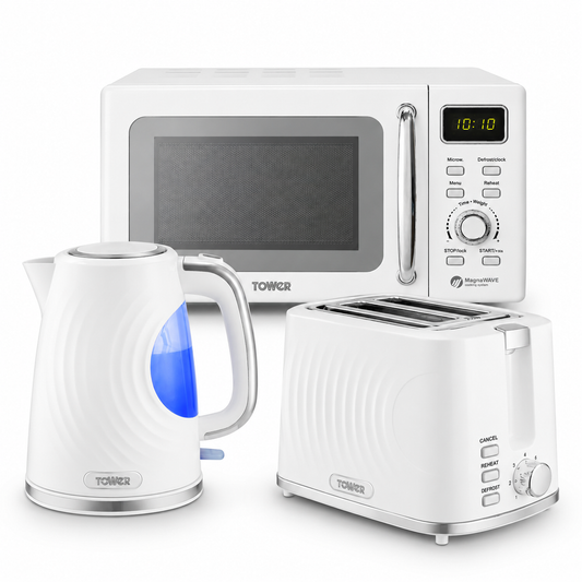 Tower Sonar Kettle, 2 Slice Toaster & Microwave Kitchen Set (White)