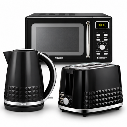 Tower Solitaire Kettle, 2 Slice Toaster & Microwave Kitchen Set (Black)