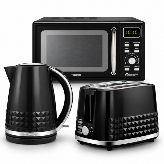 Tower Solitaire Kettle, 2 Slice Toaster & Microwave Kitchen Set (Black)