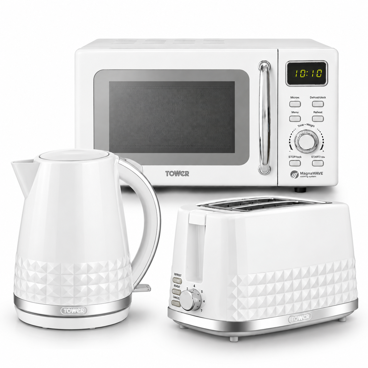 Tower Solitaire Kettle, 2 Slice Toaster & Microwave Kitchen Set (White)