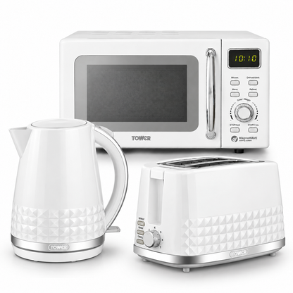 Tower Solitaire Kettle, 2 Slice Toaster & Microwave Kitchen Set (White)